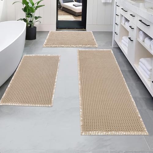 Pauwer 3 Piece Waffle Bath Rug Set Khaki