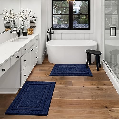 HOMEIDEAS 2-Piece Bath Rug Set Non-Slip Microfiber Mats Navy Blue