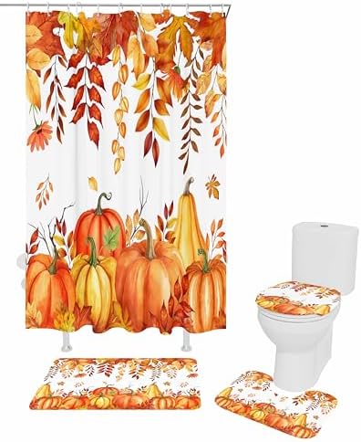 ZOE GARDEN Autumn Pumpkin Bath Set with Curtain Rug and Hooks