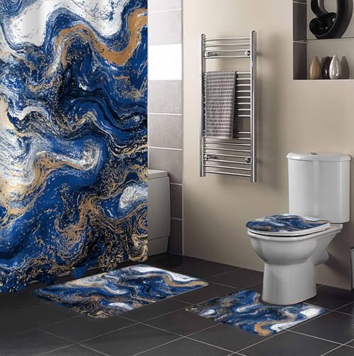 Blue Marble Bathroom Set with Curtain and Rug Accessories