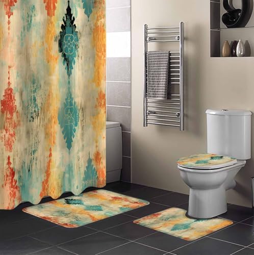 ZOE GARDEN Yellow Abstract Bathroom Set - Modern Art Shower Curtain and Rug Set