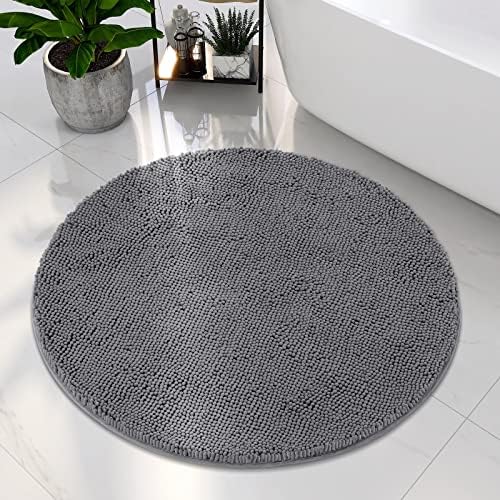HOMEIDEAS Round Bath Rug - Non Slip Chenille Shaggy Mat Grey 3 Ft