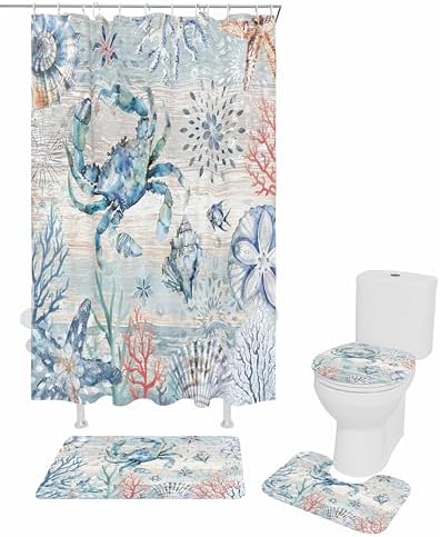 ZOE GARDEN Retro Blue Bathroom Set with Curtain Rug and Hooks