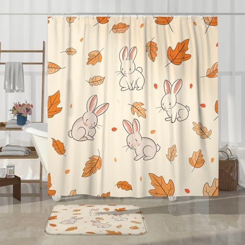 4PCS Fall Cartoon Rabbit Bathroom Set with Non-Slip Rug