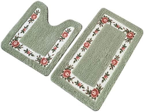 UKELER Non-Skid Floral Rose Bath Rugs Set of 2 Green