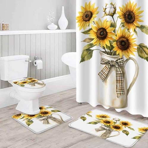 ZOE GARDEN Sunflower Bathroom Set with Curtain Rug and Hooks