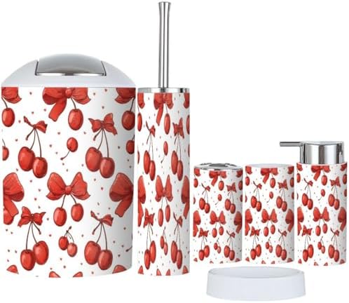 Boho Bathroom Accessory Set 6 Piece Red Cherry Bow Print