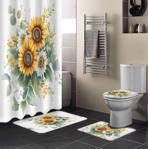 ZOE GARDEN Sunflower Bathroom Set with Curtain Rug and Hooks - 66x72 Inches