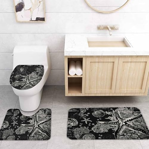 Coastal Black Bathroom Set with Shower Curtain and Rug - 36x72 Inches Nautical Design