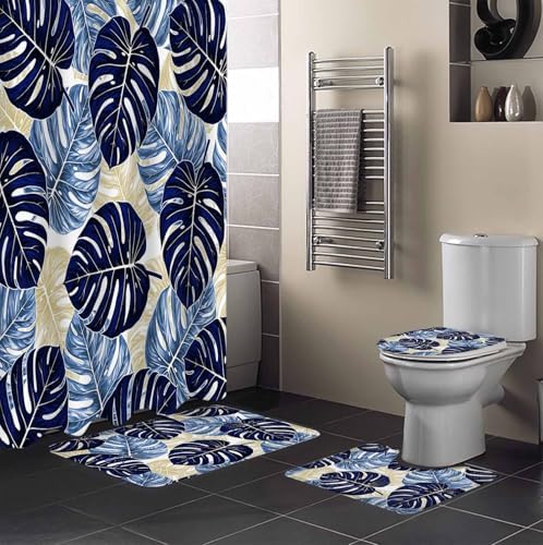 Navy Palm Leaf Bathroom Set with Curtain Rug and Accessories