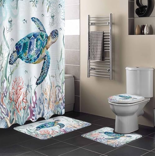 ZOE GARDEN Turtle Bathroom Set with Shower Curtain Rug and Accessories 1