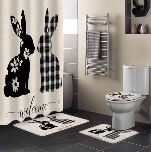 ZOE GARDEN Flowers Rabbit Bathroom Set with Shower Curtain and Rug