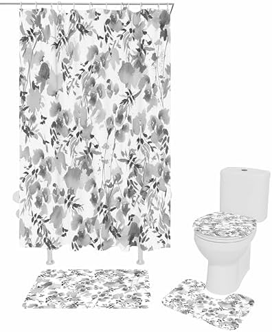 Gray Flower Bathroom Set with Curtain Rug and Hooks