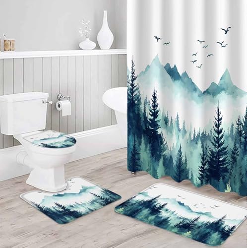 Turquoise Forest Bathroom Set with Curtain and Rug