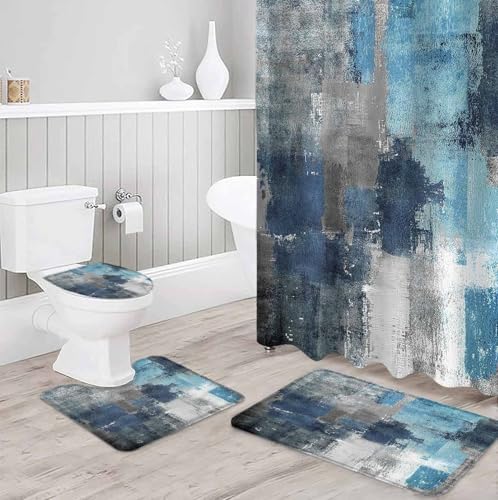 ZOE GARDEN Blue Grey Bathroom Set with Shower Curtain and Rug 1