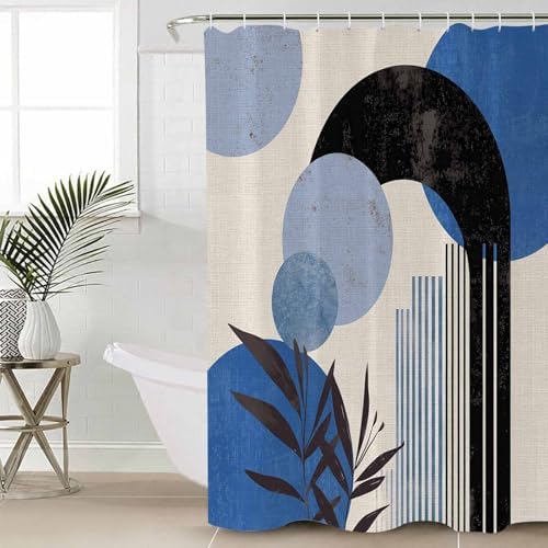 Boho Blue Bathroom Set with Curtain Rug and Hooks