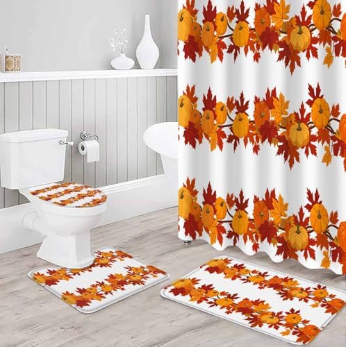 Thanksgiving Bathroom Set with Shower Curtain Rug and Hooks