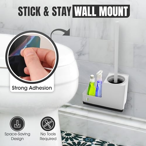 White Toilet Brush and Holder Set - Wall Mounted with Tray and Compartment