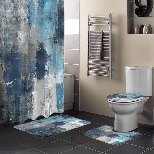 ZOE GARDEN Blue Grey Bathroom Set with Shower Curtain and Rug 1