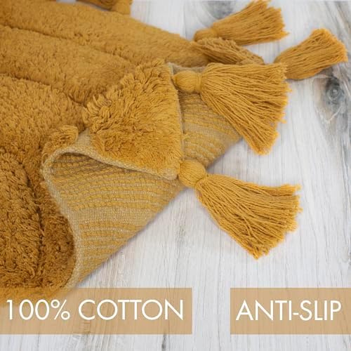 KIBAGA Boho Bath Mat Mustard Tassels Non-Slip