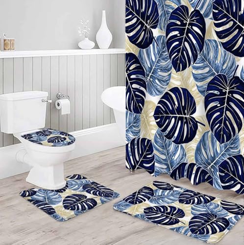 Navy Palm Leaf Bathroom Set with Curtain Rug and Accessories