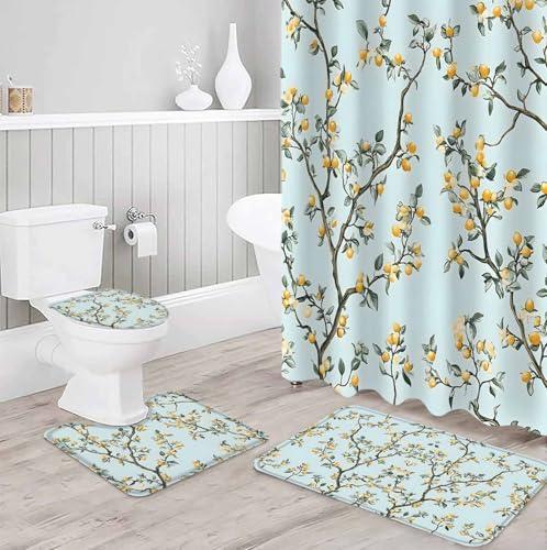 ZOE GARDEN Yellow Lemon Bathroom Set with Curtain Mat and Accessories