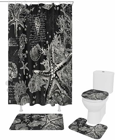 Coastal Black Bathroom Set with Shower Curtain and Rug - 36x72 Inches Nautical Design