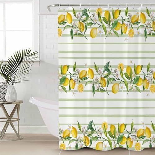 ZOE GARDEN Lemon Stripe Bathroom Set with Curtain Rug and Accessories 1
