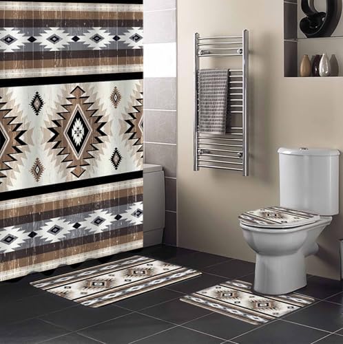 Brown Southwest Bathroom Set with Shower Curtain and Rug