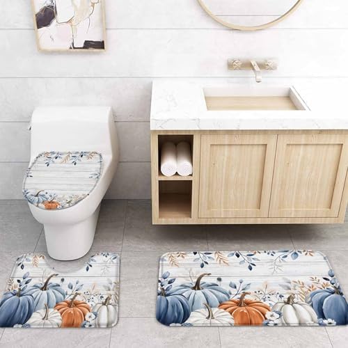 Thanksgiving Pumpkin Bathroom Set with Curtain Rug and Hooks