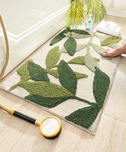 Green Leaves Bath Mat Non-Slip Microfiber