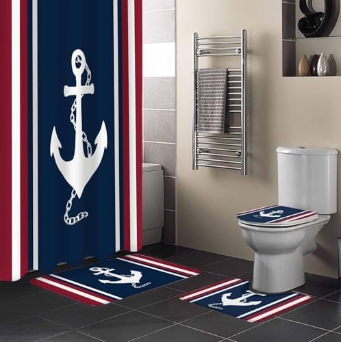 Nautical Anchor Bathroom Set with Curtain Rug and Hooks
