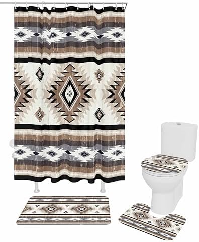 Brown Southwest Bathroom Set with Shower Curtain and Rug