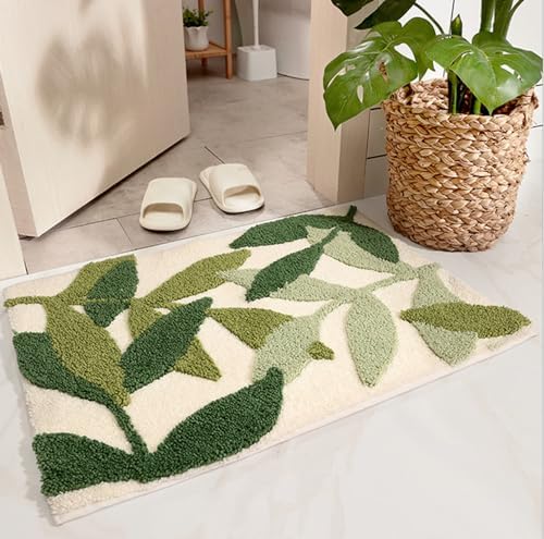 Green Leaves Bath Mat Non-Slip Microfiber