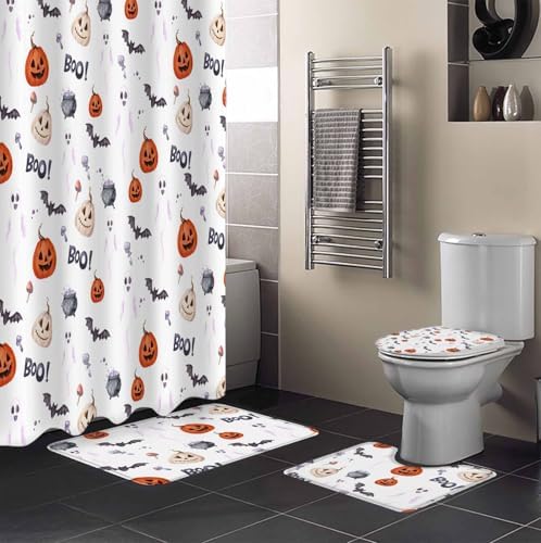 Halloween Bath Set with Curtain Rug and Hooks - 72x72 Inches