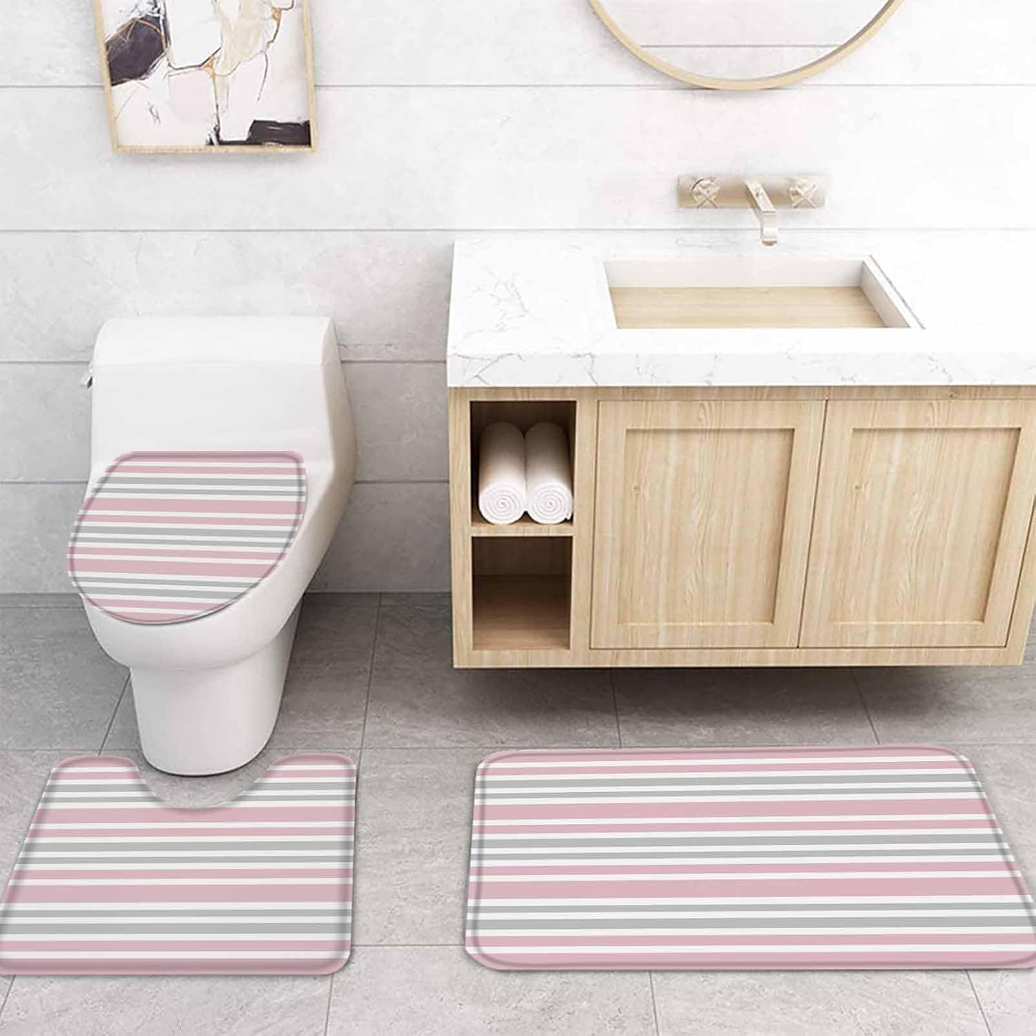 Pink Grey Bathroom Set with Curtain Rug and Accessories
