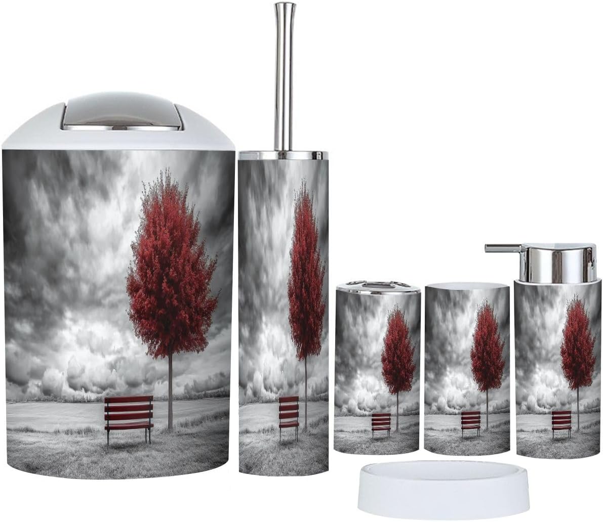 Boho Red Tree Bathroom Accessory Set 6 Piece