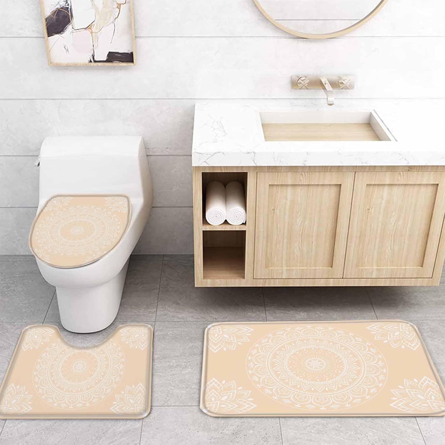 Cream Boho Bathroom Set with Shower Curtain Rug and Accessories