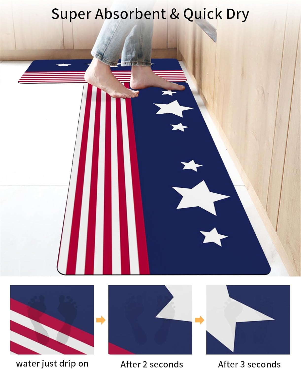 Funnywall88 2PCS American Flag Bath Mat Set Non-Slip Diatomite Drying Mats