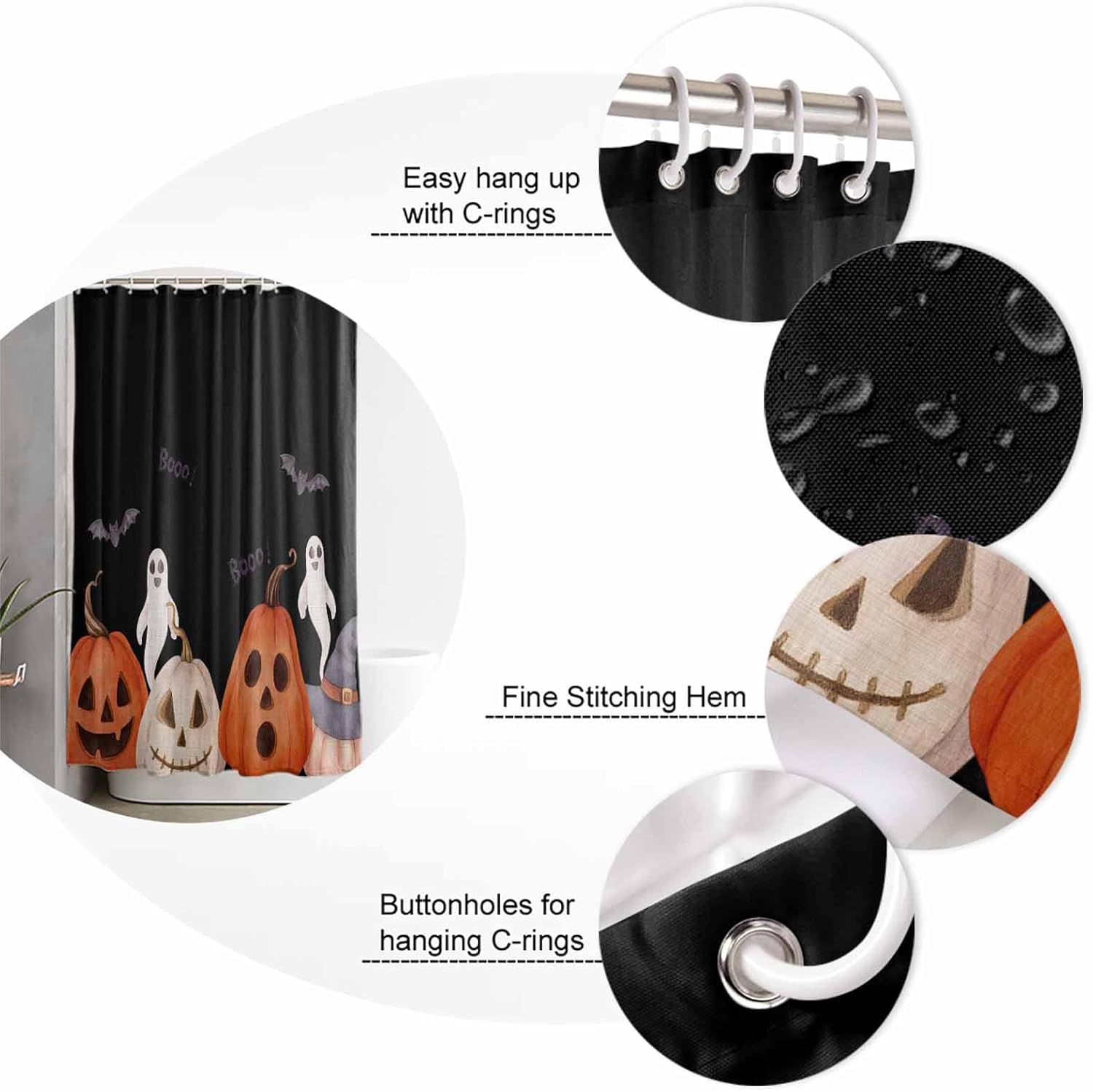 ZOE GARDEN Halloween Black Bath Set with Curtain Rug and Hooks