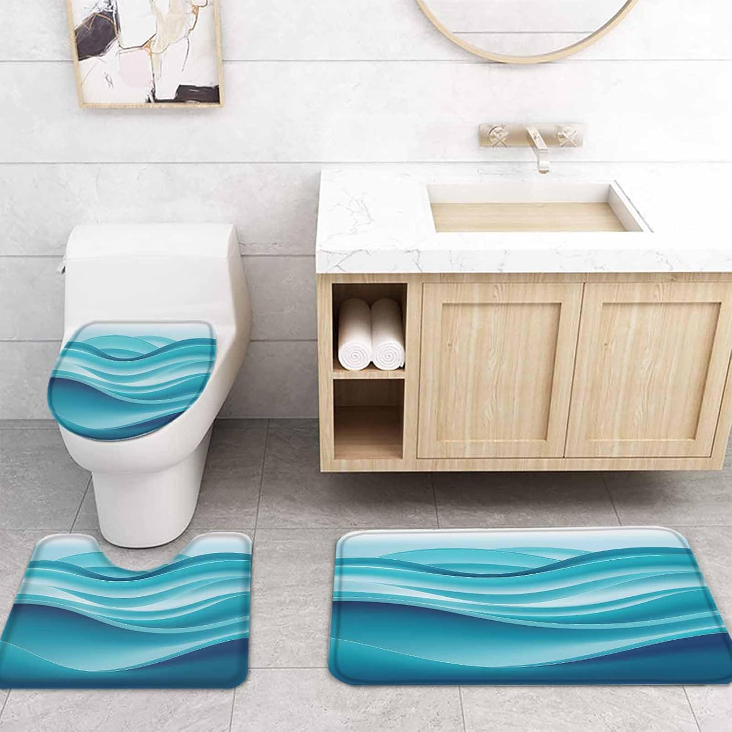 Turquoise Bathroom Set with Curtain Rug and Hooks