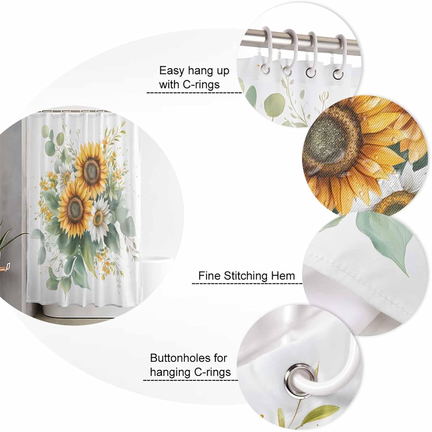 ZOE GARDEN Sunflower Bathroom Set with Curtain Rug and Hooks - 66x72 Inches