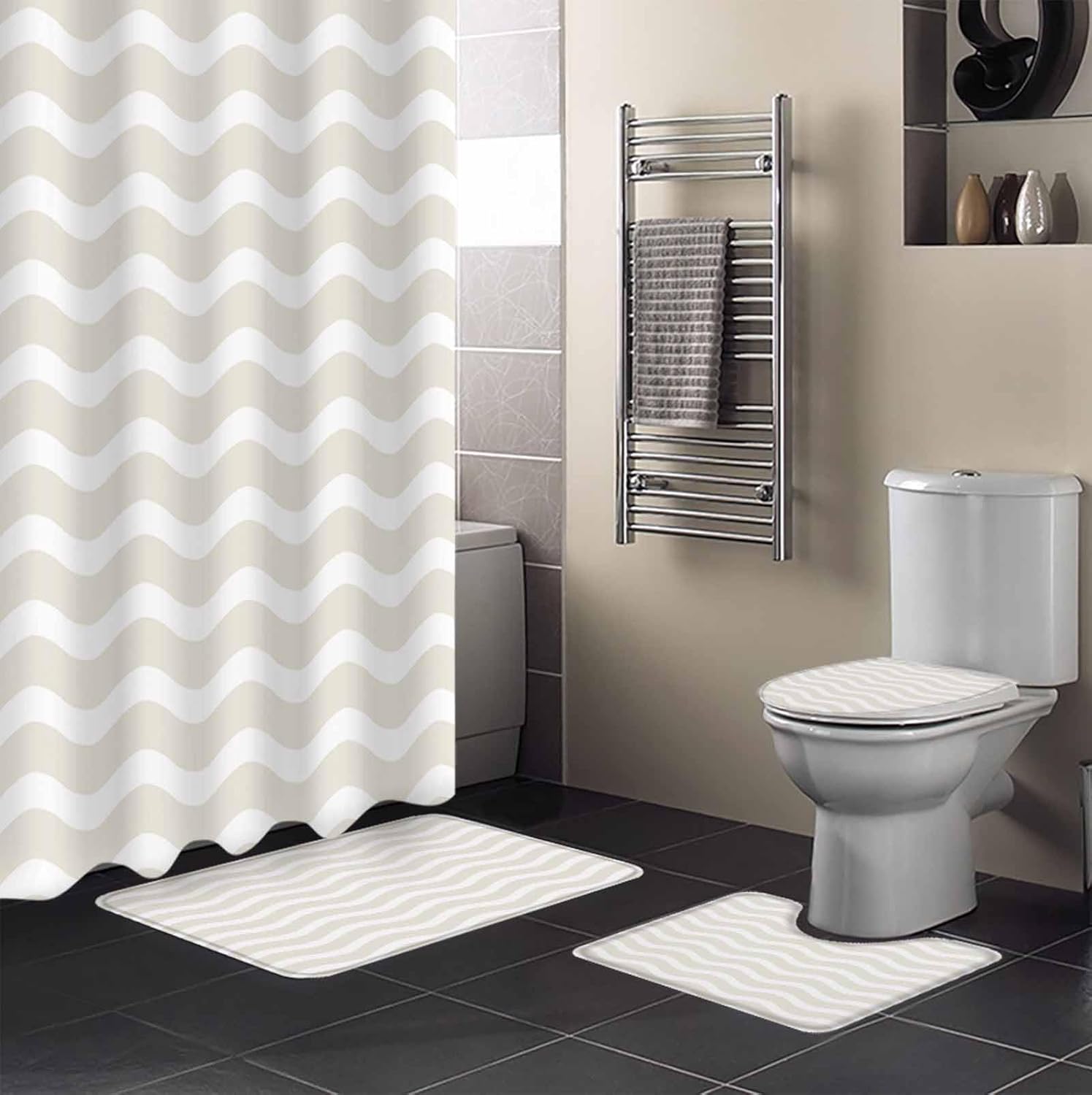 Cream Striped Bathroom Set with Shower Curtain and Rug Accessories