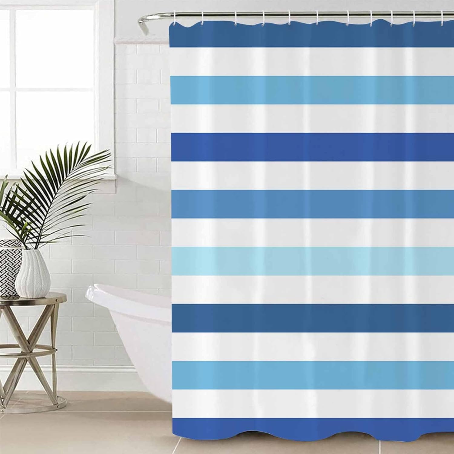 Blue Striped Bathroom Set with Shower Curtain and Rug