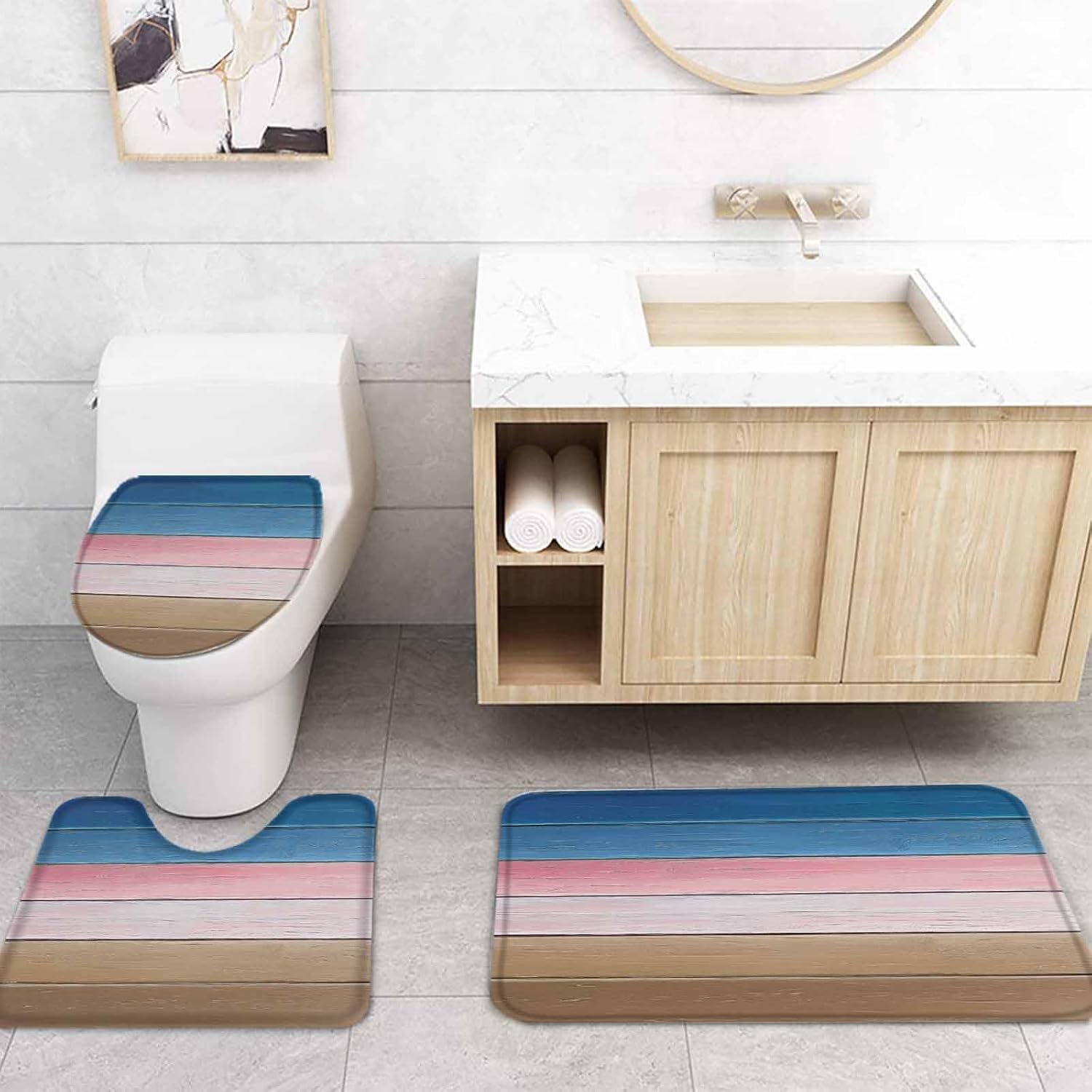 ZOE GARDEN Blue Pink Bathroom Set with Curtain Rug Hooks and Mat