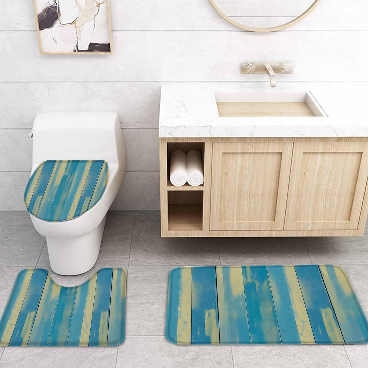 ZOE GARDEN Blue Yellow Bathroom Set with Shower Curtain Rug Accessories