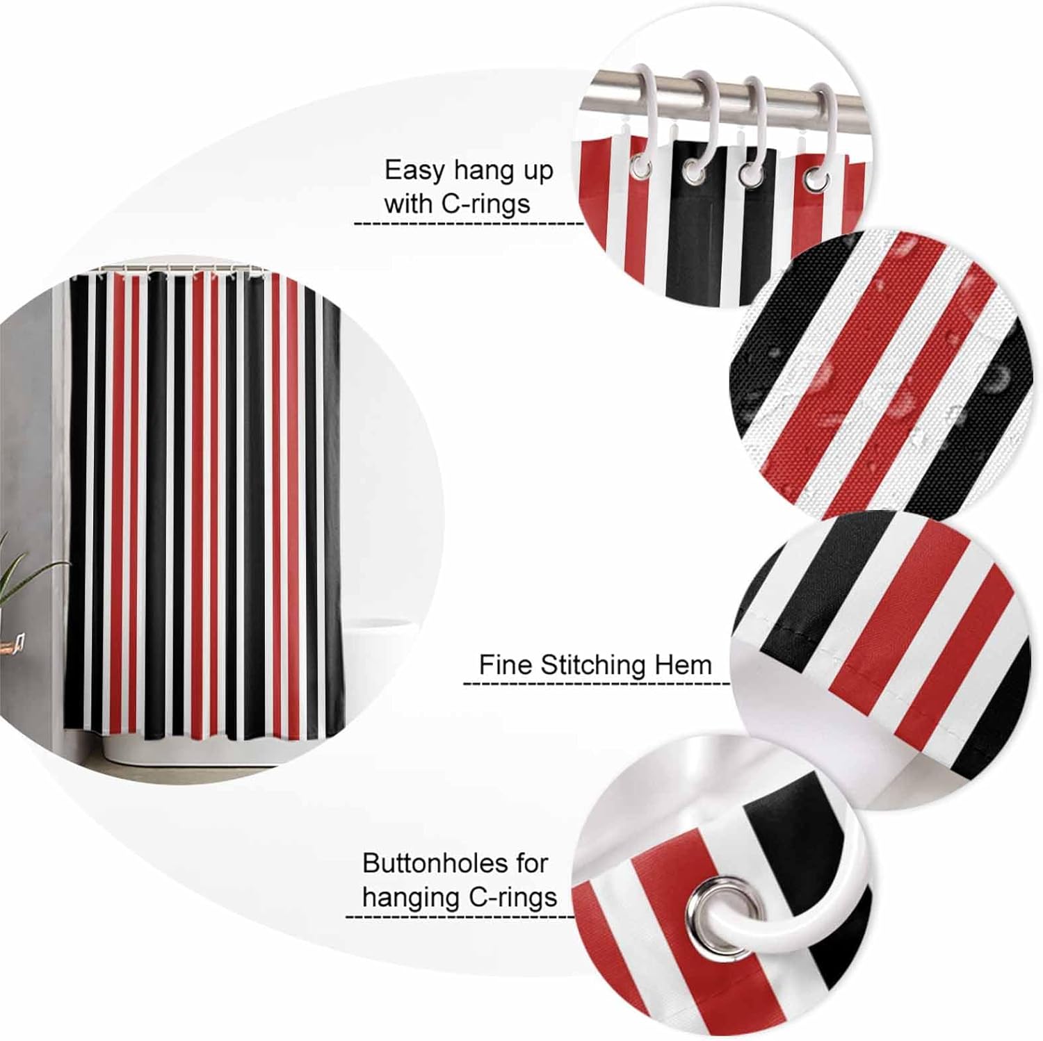 ZOE GARDEN Red Black Striped Bath Set with Curtain Rug Hooks