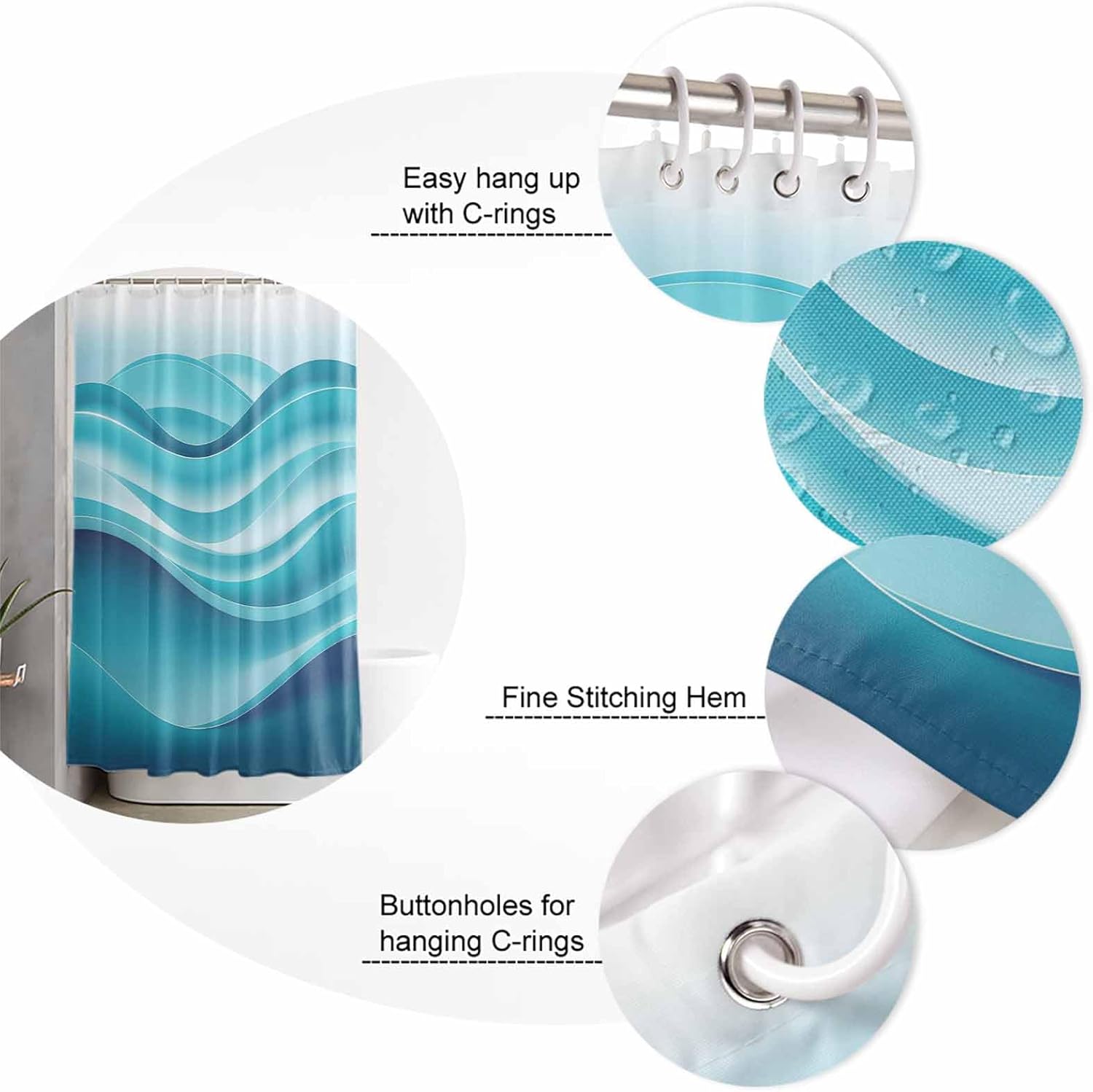 Turquoise Bathroom Set with Curtain Rug and Hooks