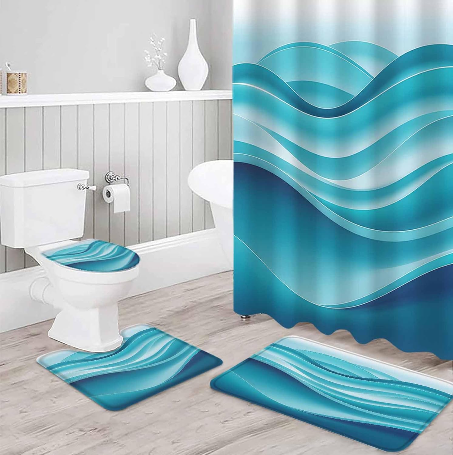 Turquoise Bathroom Set with Curtain Rug and Hooks