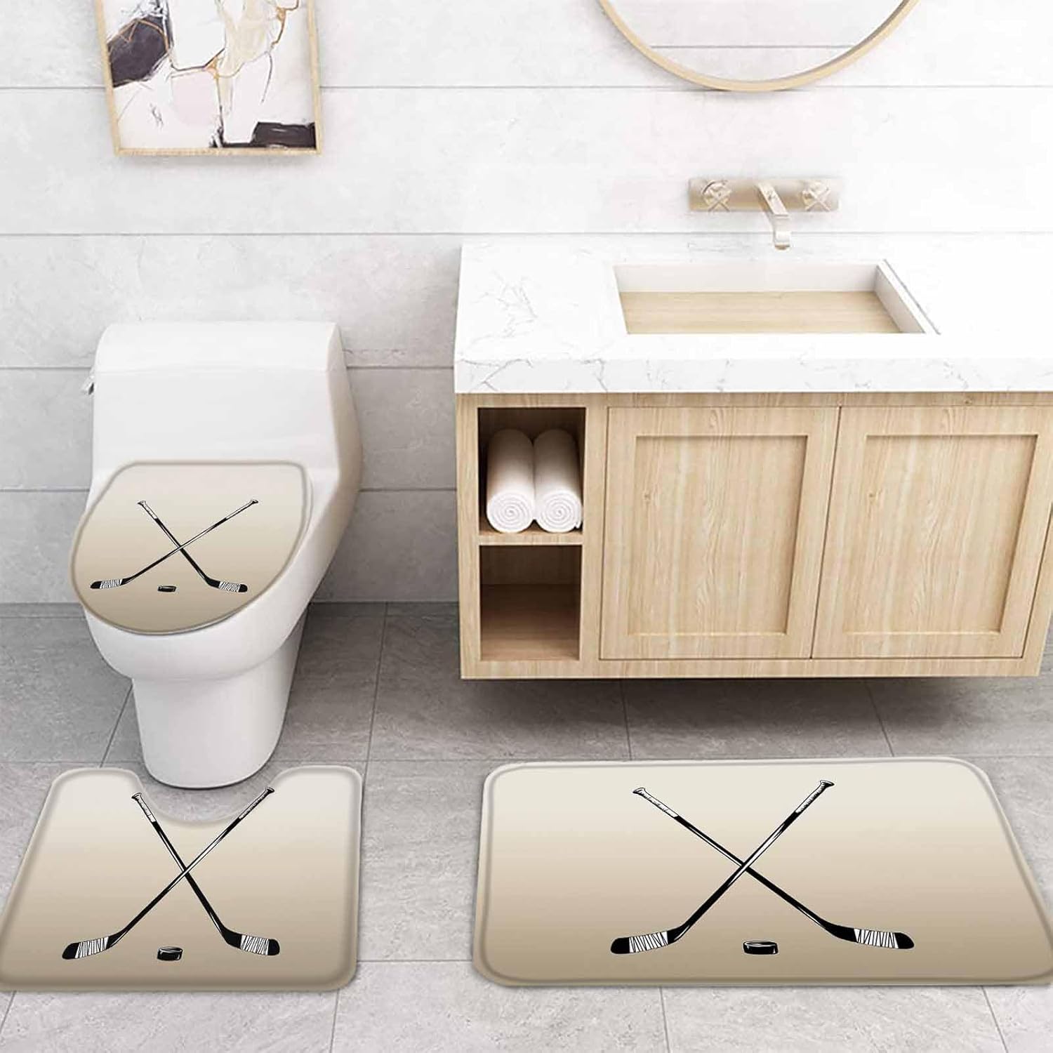 Beige Hockey Bathroom Set with Curtain Rug and Accessories